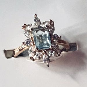 Bomb Party, brand new lab created Aquamarine & diamonds, gold ring, size 8.